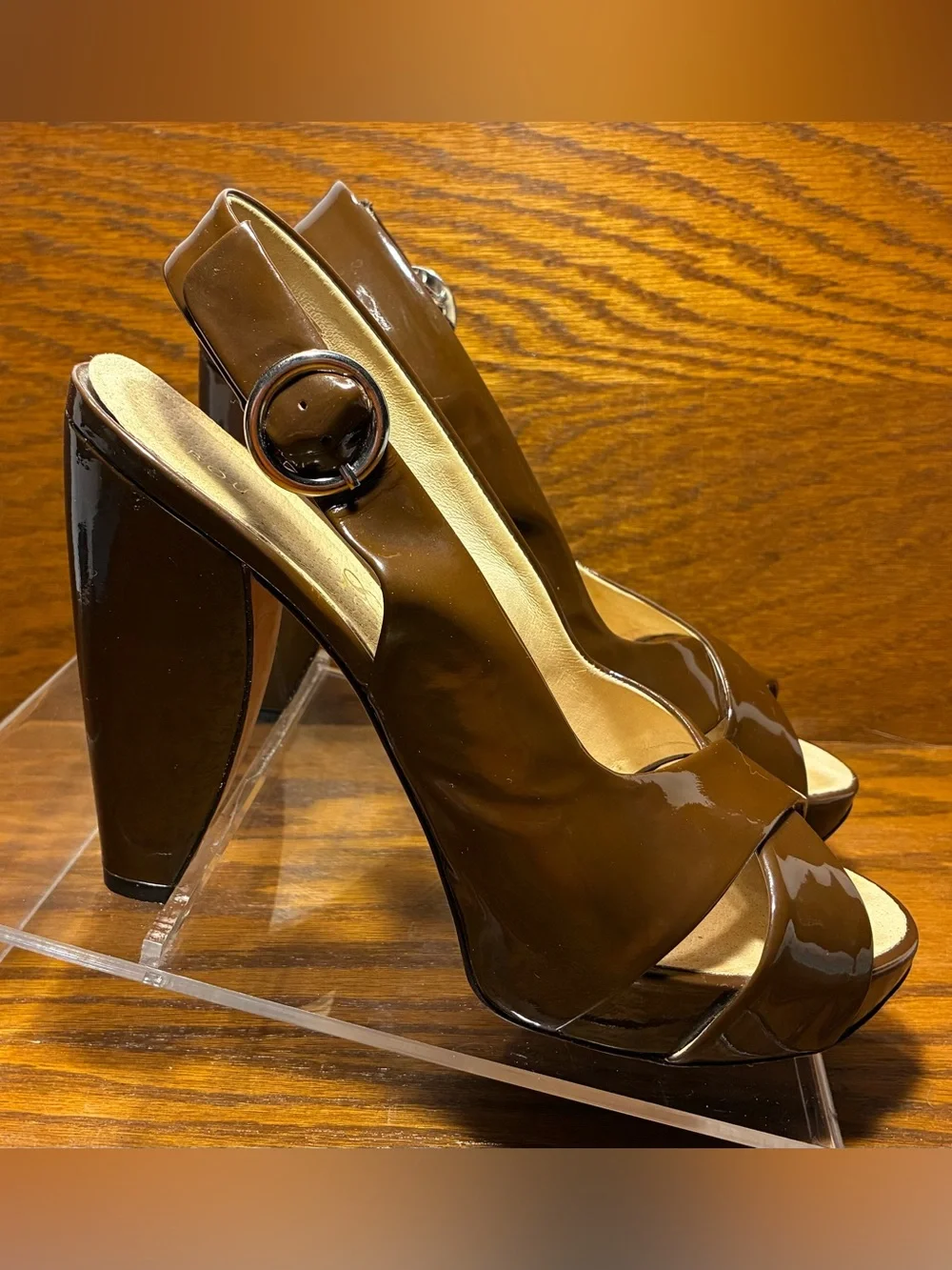 Boutique 58 Retro Slingback Platform Block Heels Brown Patent Size 8